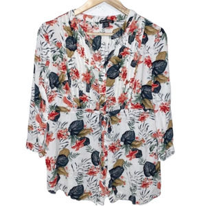 Hilary Radley Floral Long Sleeve Feminine Blouse Cinched Tie Waist Size Medium